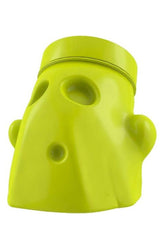 Bright green spooky face-shaped container for supplements, designed for fun and functionality.